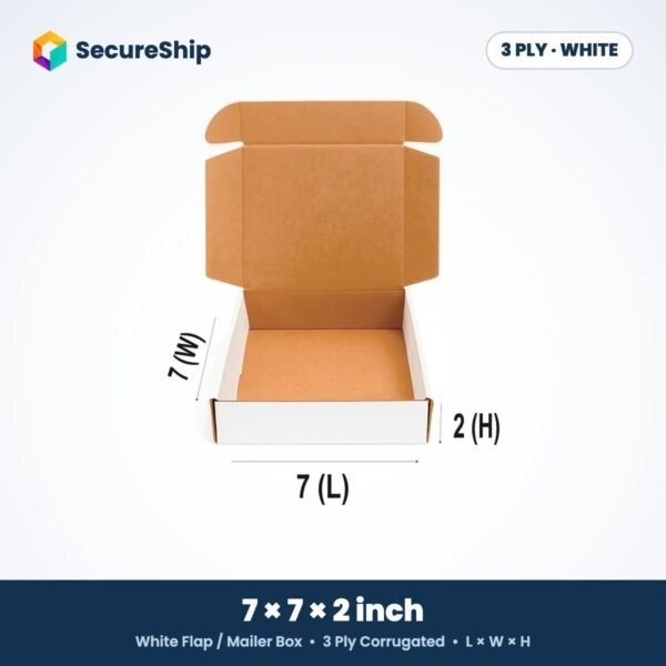 3 ply white corrugated flap mailer box, 7 x 7 x 2 inches