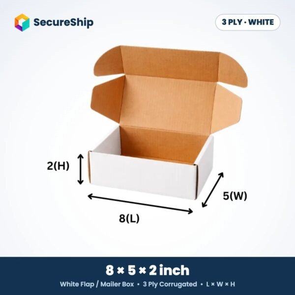 3 ply white corrugated flap mailer box, 8 x 5 x 2 inches