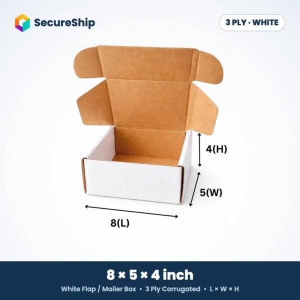 3 ply white corrugated flap mailer box, 8 x 5 x 4 inches