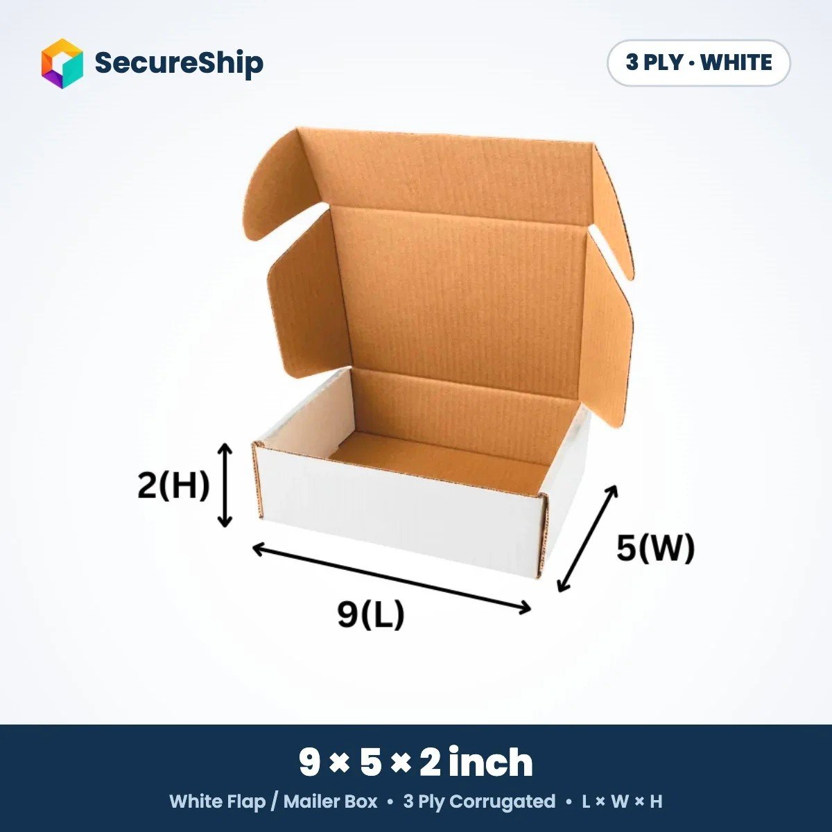 3 ply white corrugated flap mailer box, 9 x 5 x 2 inches