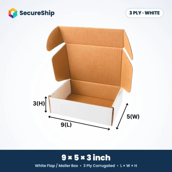 3 ply white corrugated flap mailer box, 9 x 5 x 3 inches