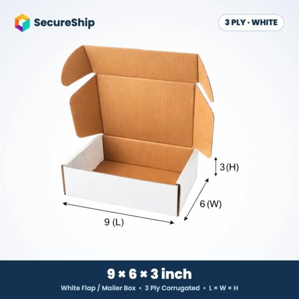 3 ply white corrugated flap mailer box, 9 x 6 x 3 inches